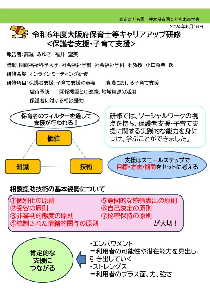 6月 研修報告 キャリアアップ研修「保護者支援･子育て支援」