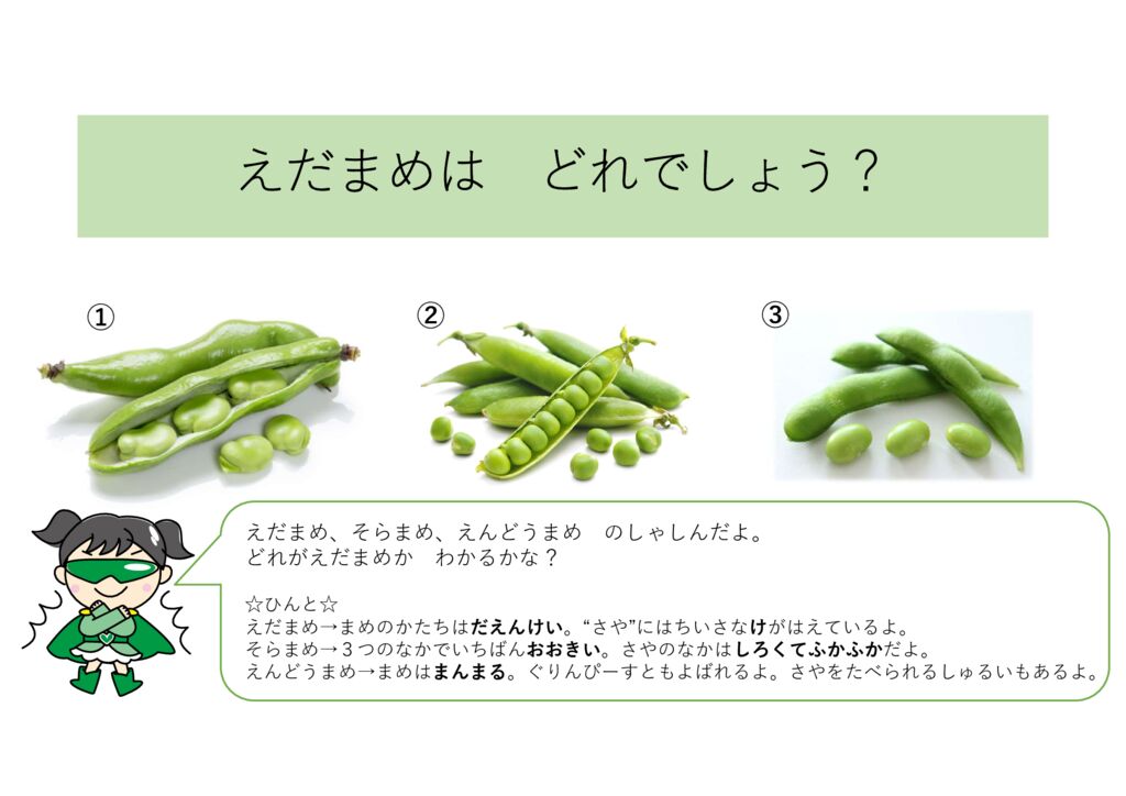 6月 食育クイズ「えだまめは どれでしょう？」